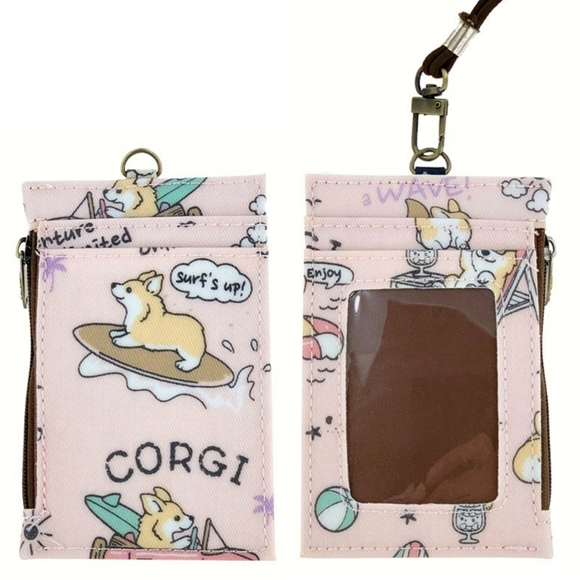 Uma Hana Accessories - Waterproof Surfing Corgi ID Badge Card Holder Coin Purse W/ Stretchy Lanyard